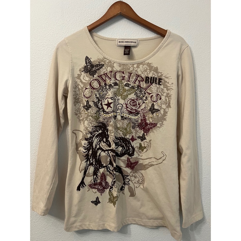 Bit &‎ Bridle Cowgirl Rules Horse Graphic Long Sleeve Top Size L